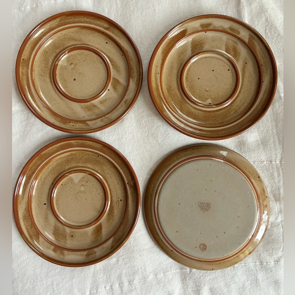 4 Nielstone Dansk Speckled Spice Tan Stoneware Saucer Plates Japan MCM Vintage